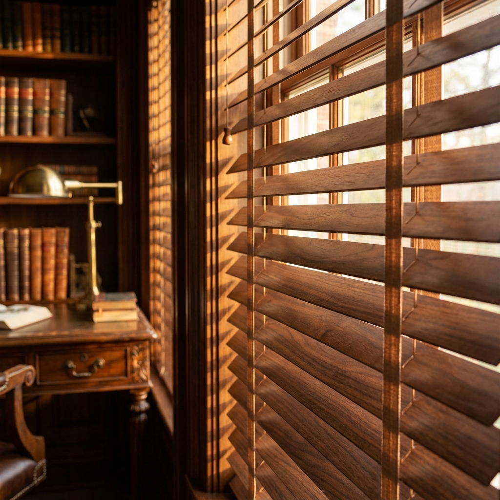 High-end walnut wood blinds in a luxury study