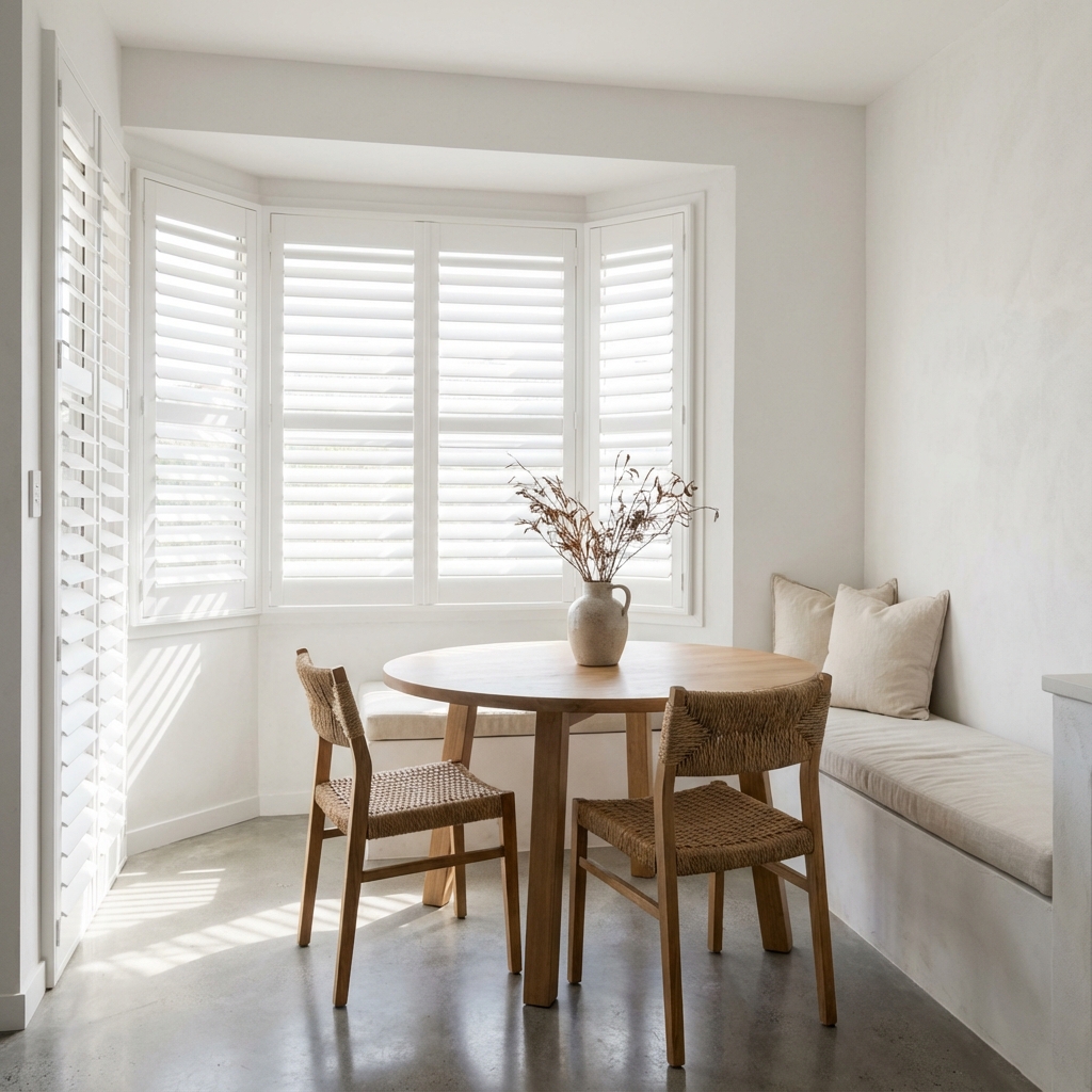 Elegant white plantation shutters in a sunlit room